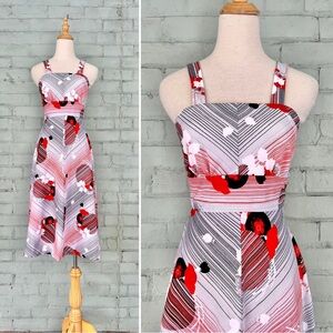 Vintage 70s Floral Spaghetti Strap Dress - Midi Length Novelty Stripe Print